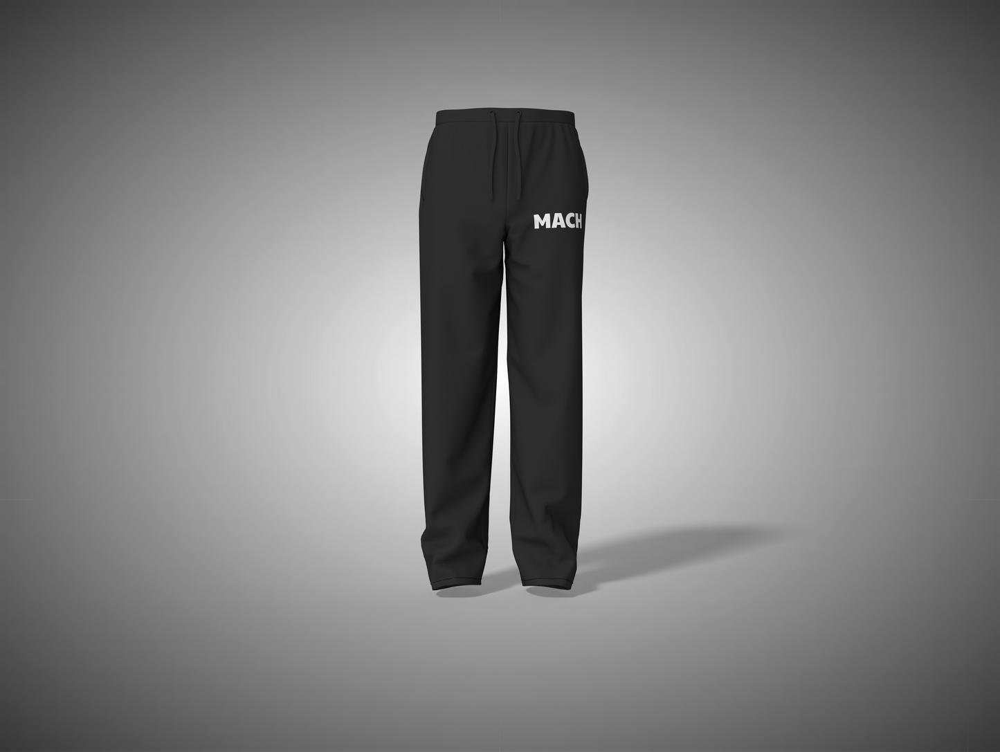 Black pants with white text on a gray background