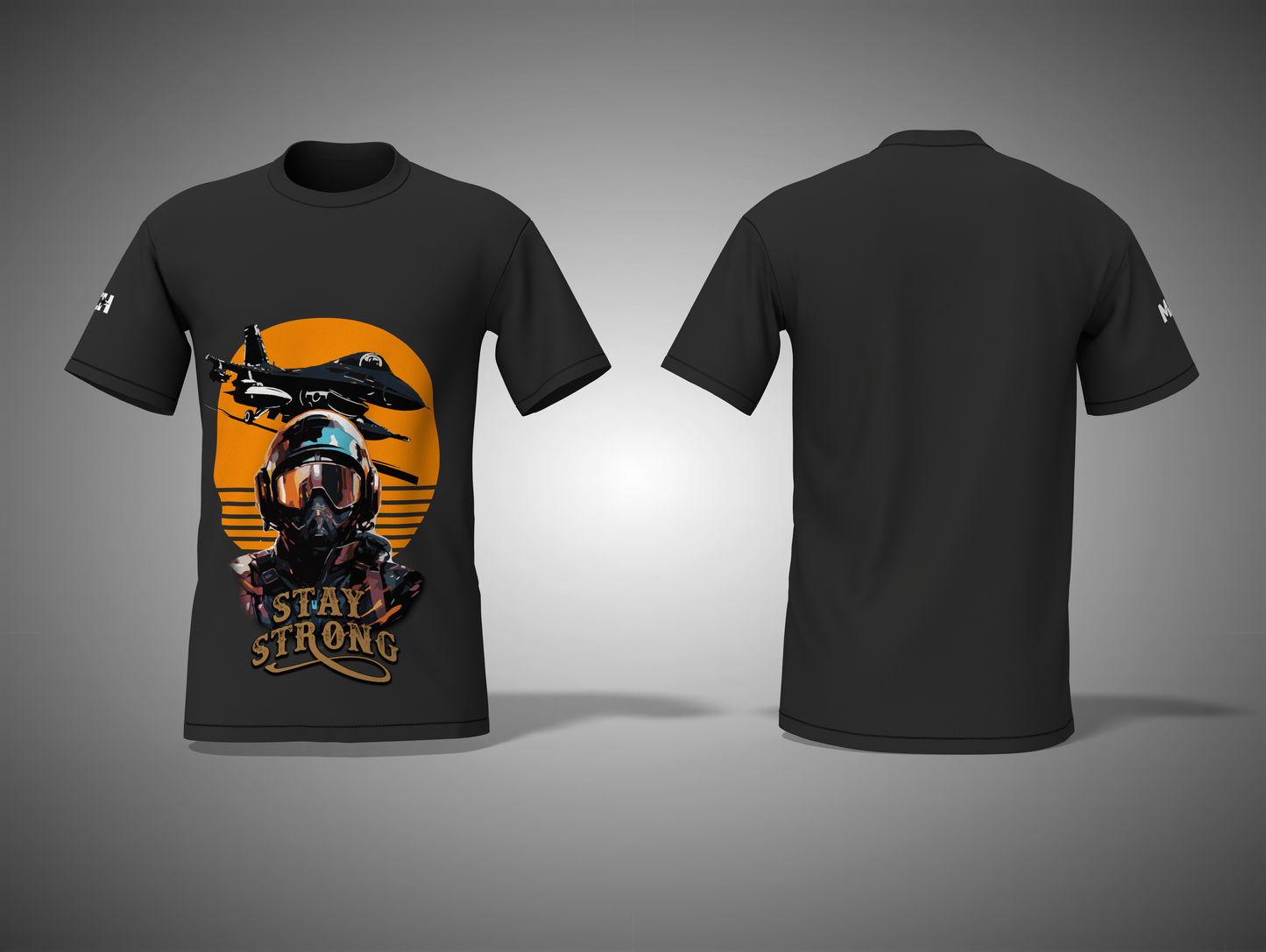 Black t-shirt with a graphic design and 'Stay Strong' text on a gray background