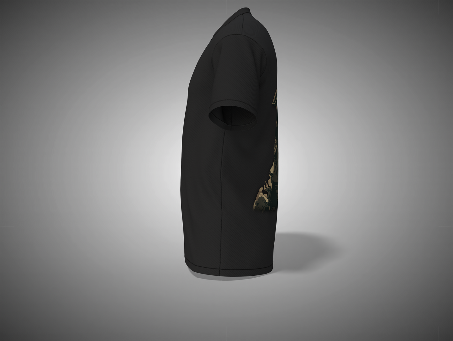 Black t-shirt with a small graphic on the sleeve against a gray background