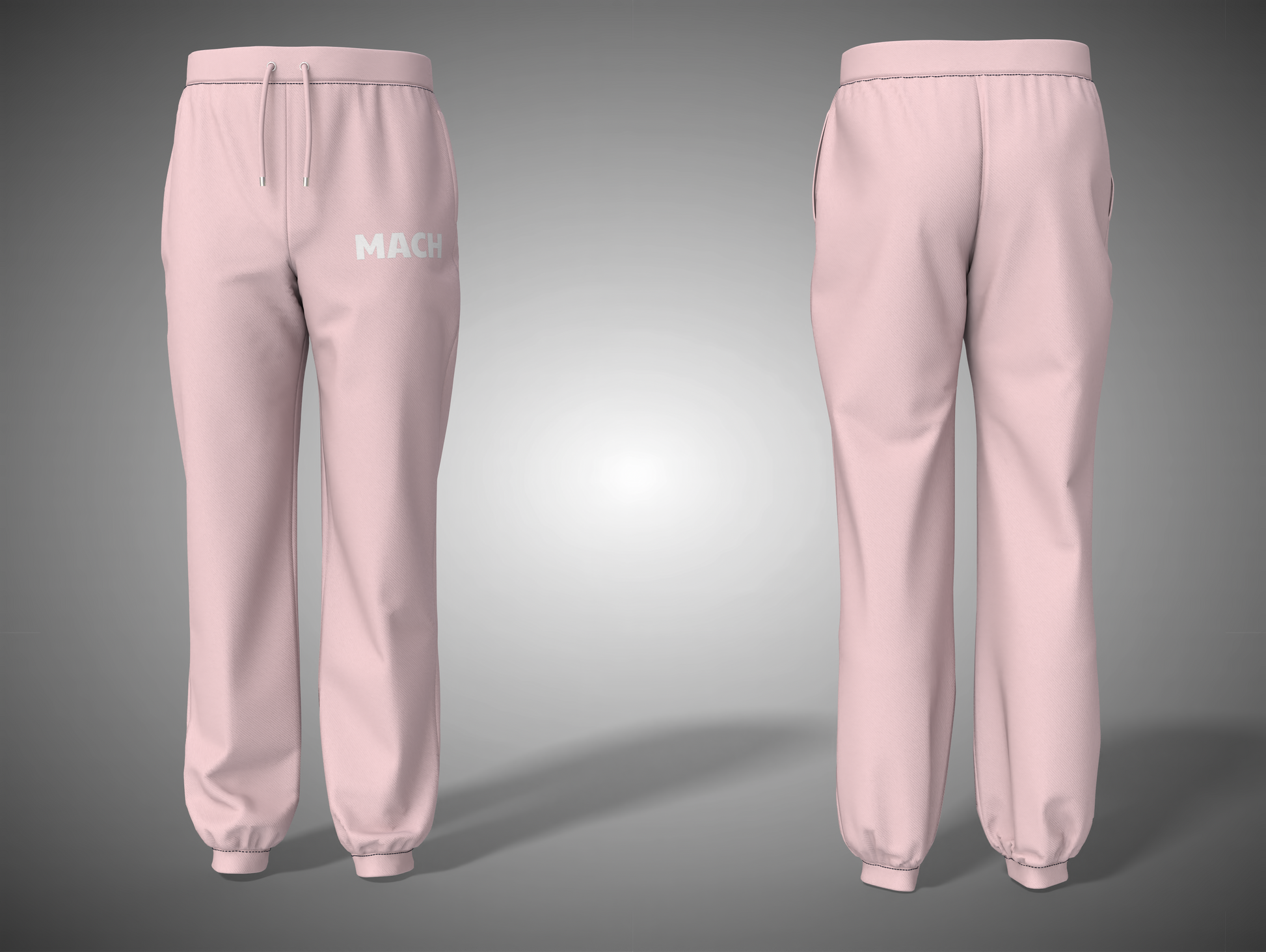 Baby Pink sweatpants with a brand logo on a gray background