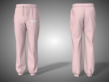 Baby Pink sweatpants with a brand logo on a gray background