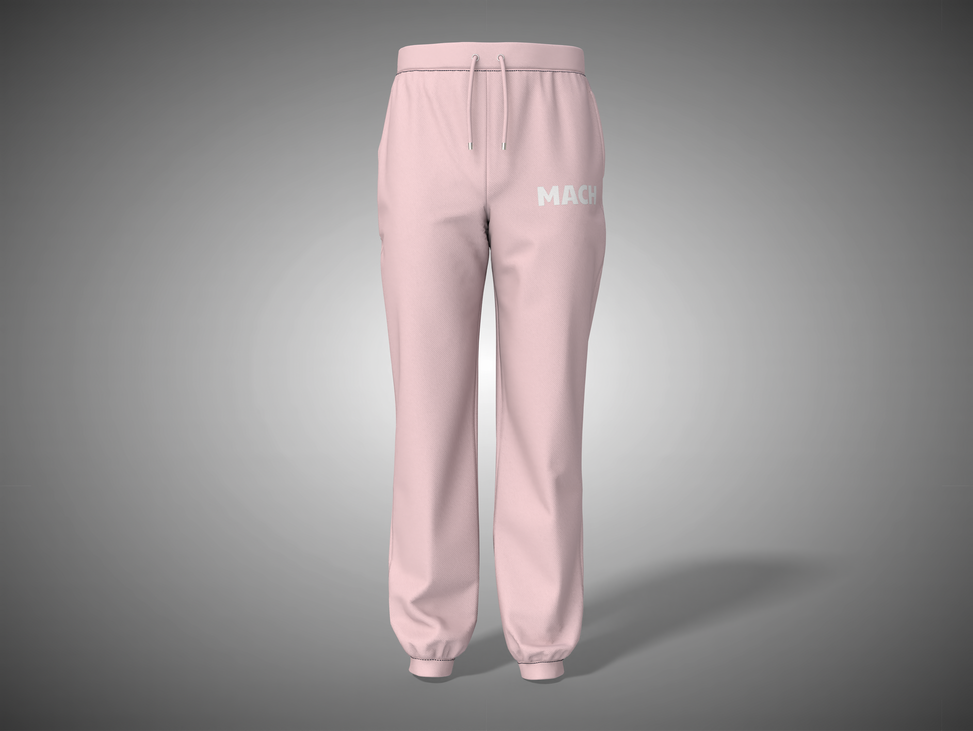 Baby pink sweatpants with a brand logo on a gray background