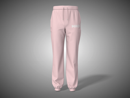 Baby pink sweatpants with a brand logo on a gray background