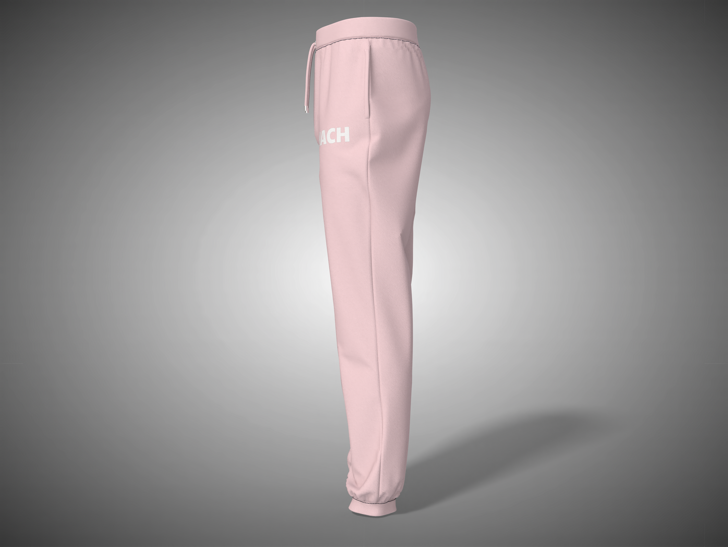 Baby Pink sweatpants with a brand logo on a gray background