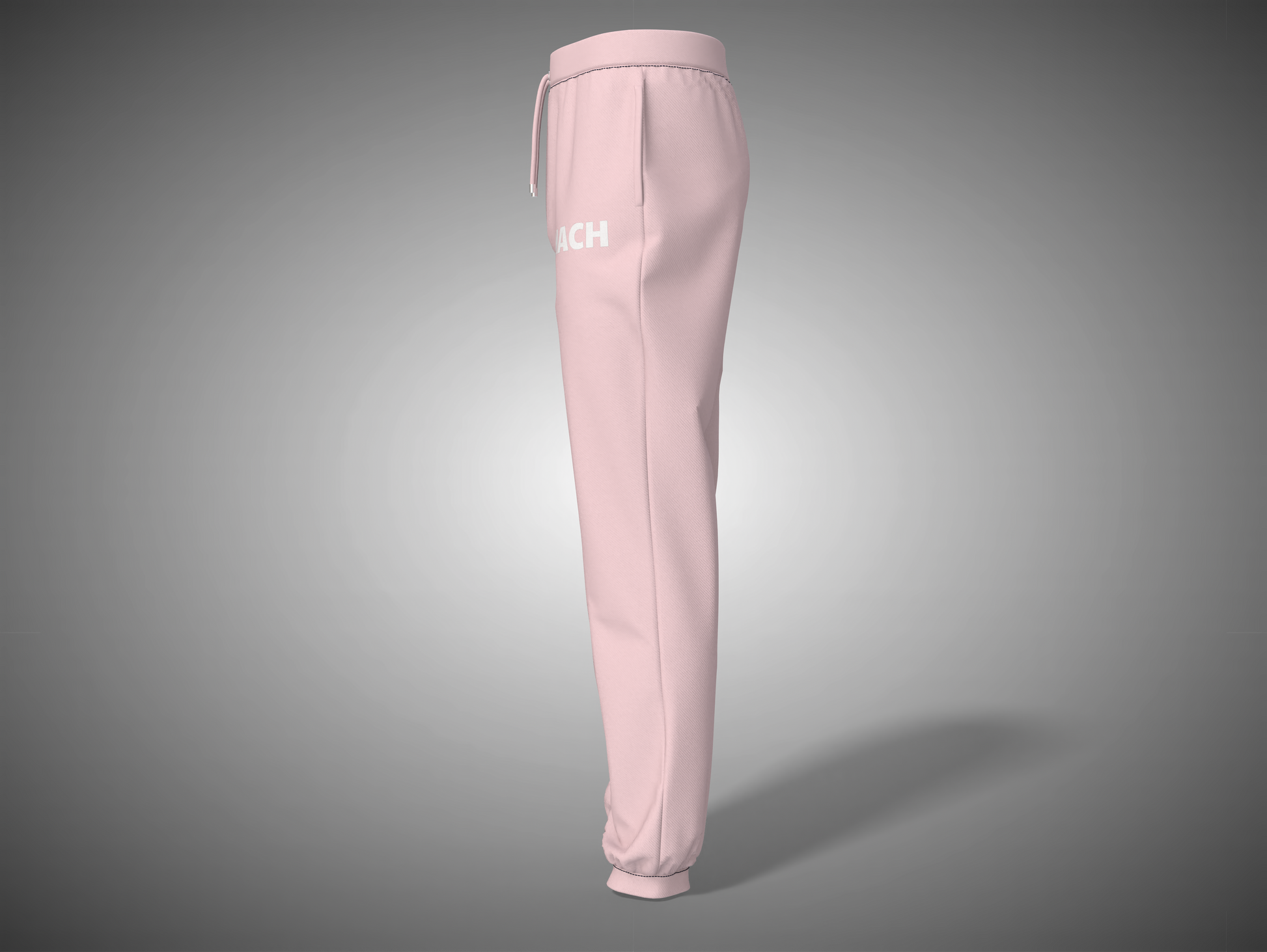 Baby Pink sweatpants with a brand logo on a gray background