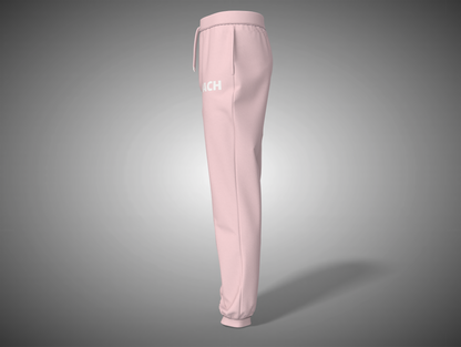 Baby Pink sweatpants with a brand logo on a gray background
