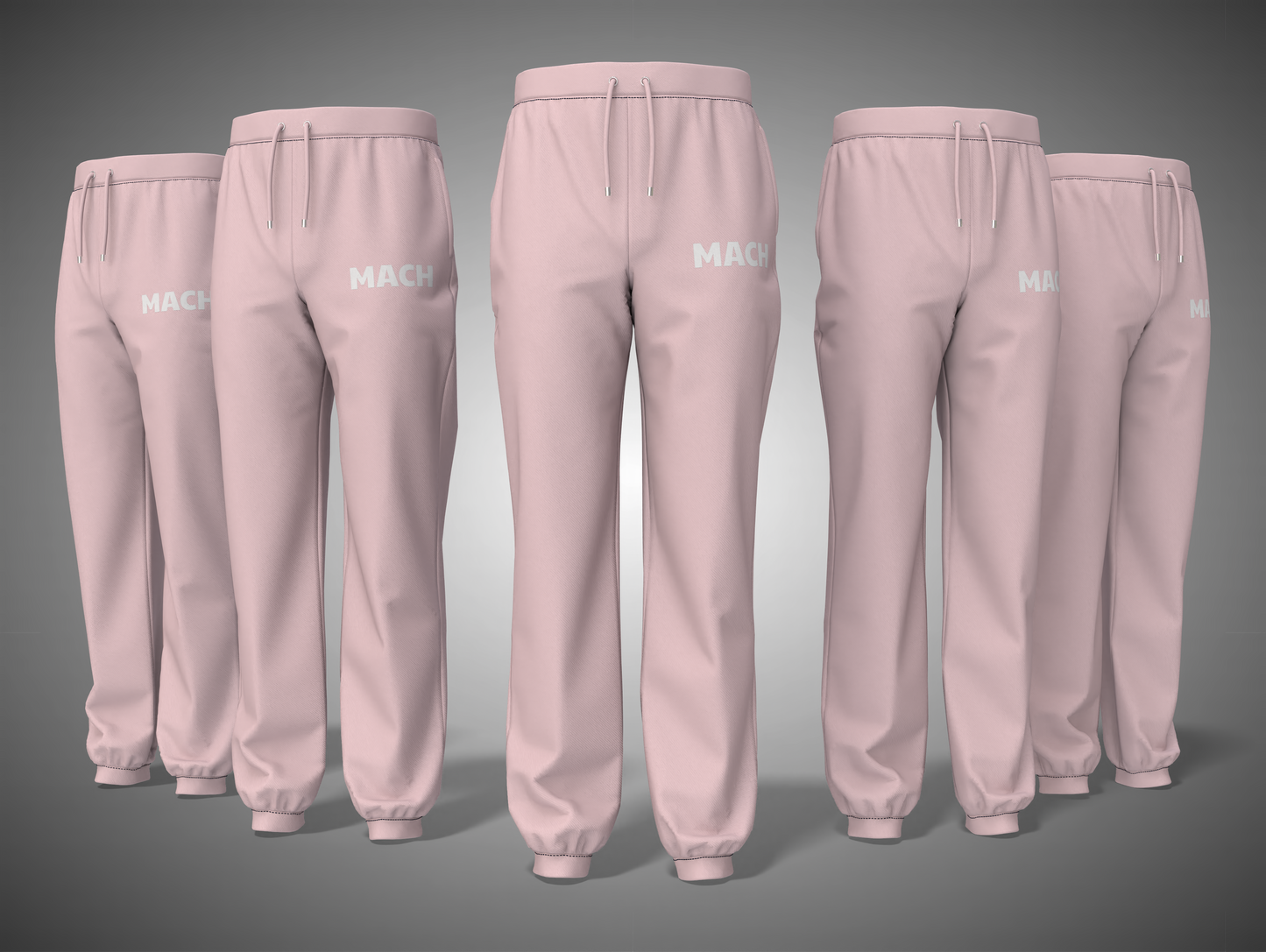 Set of Baby pink sweatpants with 'MACK' branding on a gray background