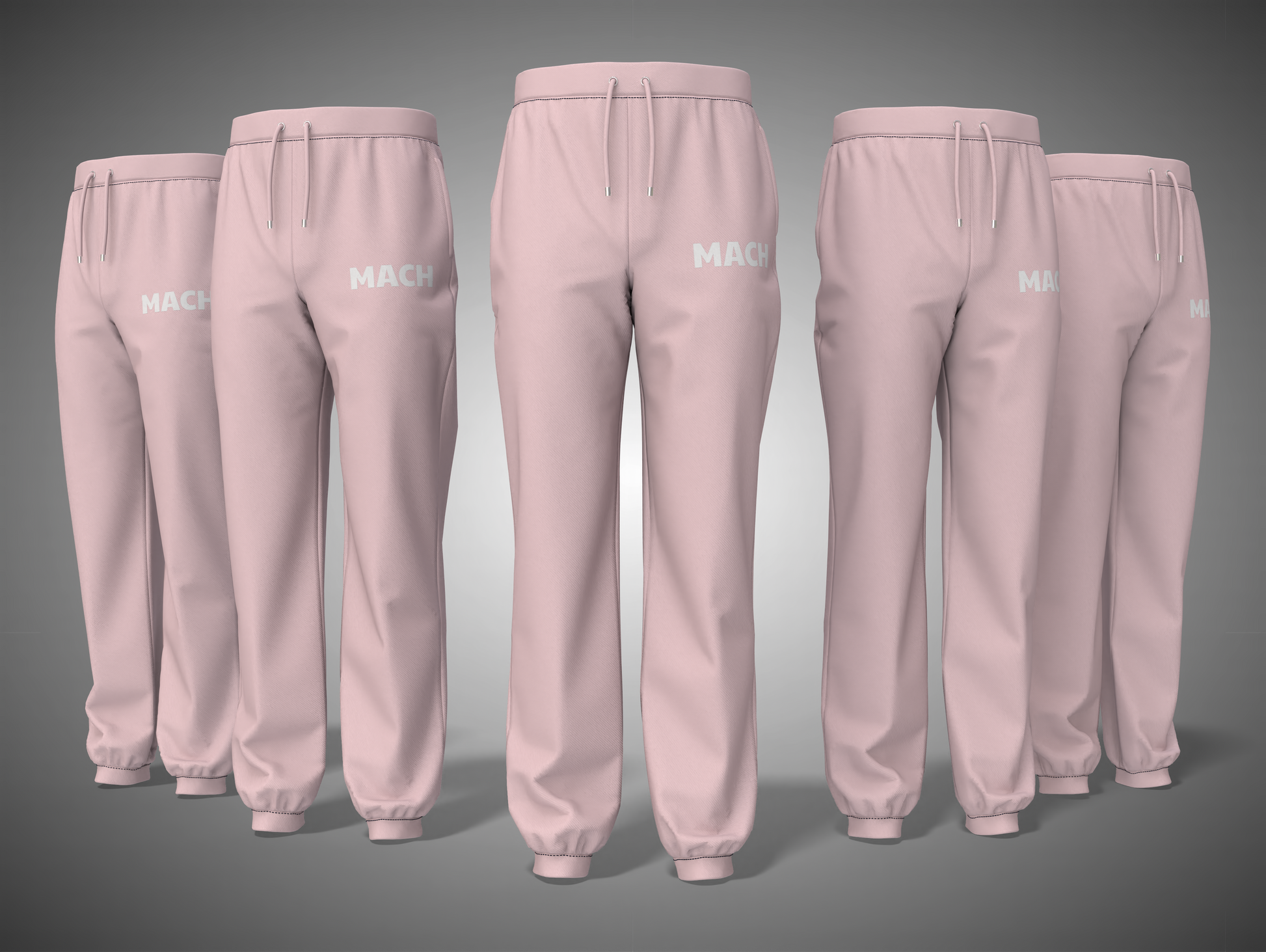 Set of Baby pink sweatpants with 'MACK' branding on a gray background