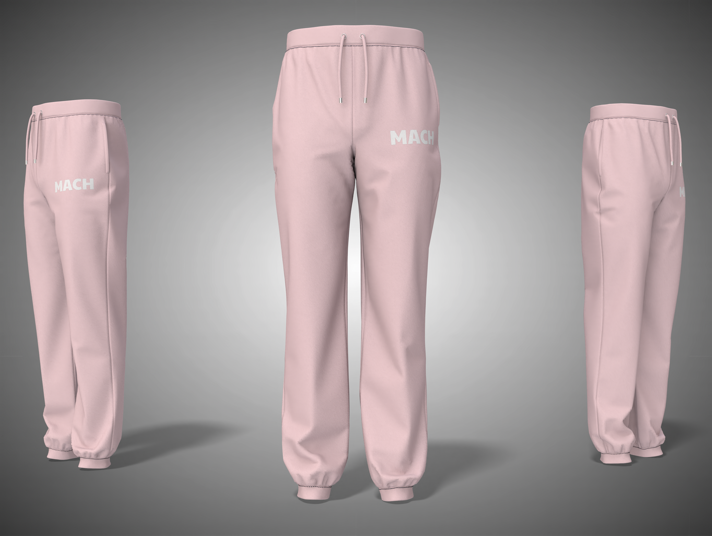 Baby pink sweatpants with 'MACK' branding on a gray background