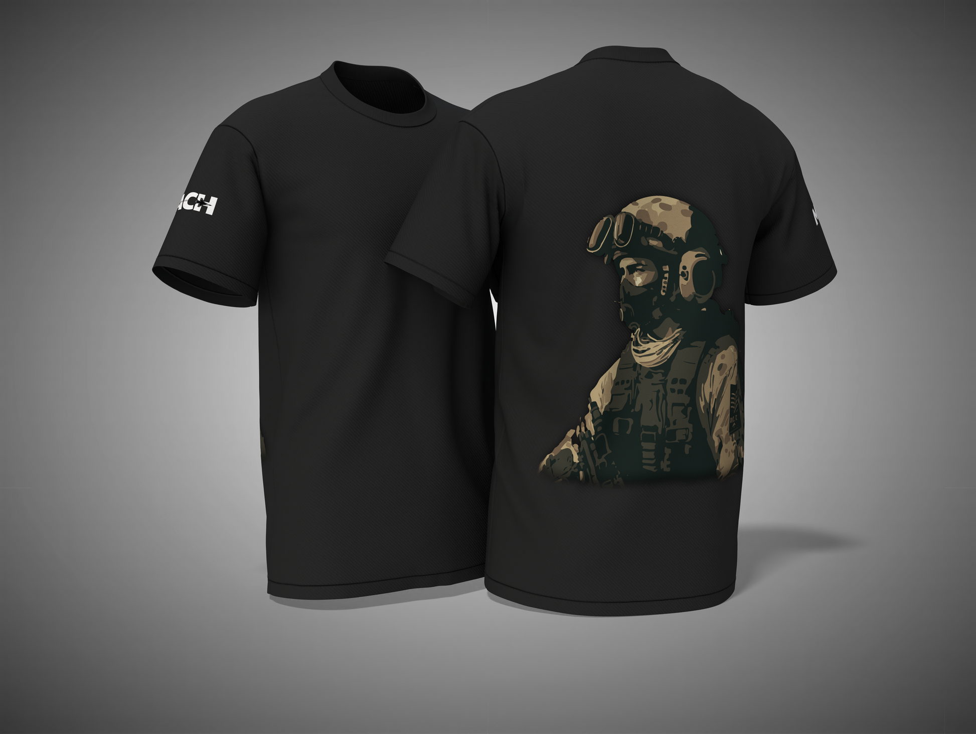 Black t-shirt with a graphic design on the back, displayed against a gray background