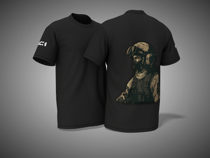 Black t-shirt with a graphic design on the back, displayed against a gray background