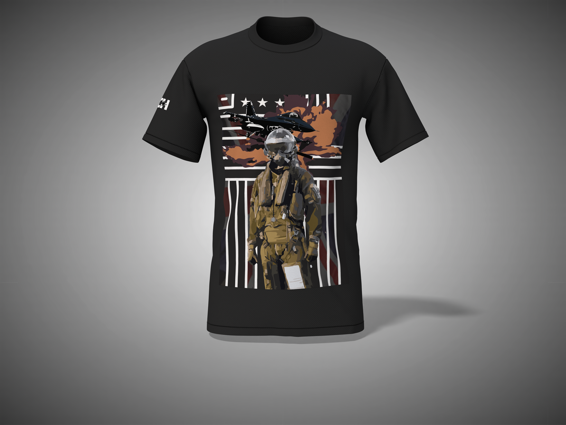 Black t-shirt with graphic design of a soldier and American flag on a gray background