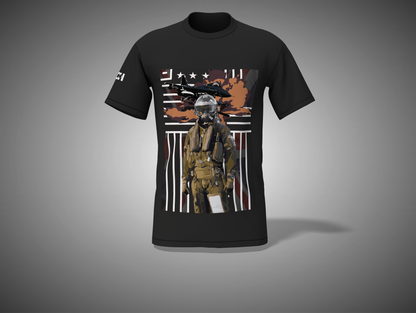 Black t-shirt with graphic design of a soldier and American flag on a gray background
