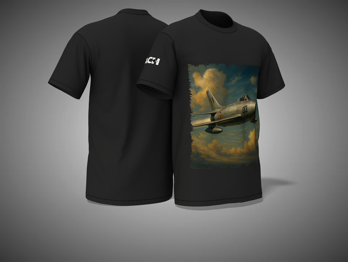 Black t-shirt with a vintage airplane graphic on the front, displayed against a gray background.