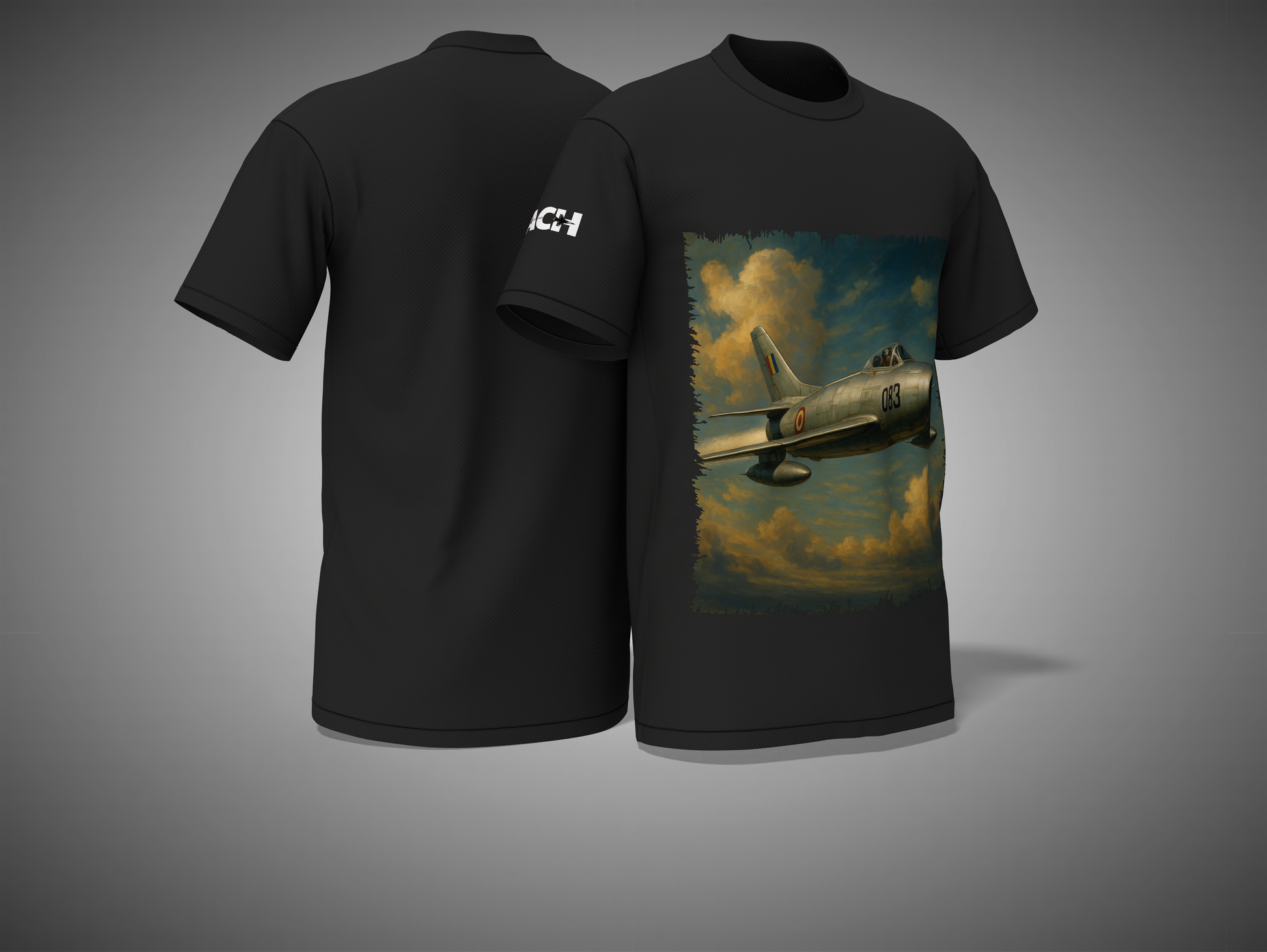 Black t-shirt with a vintage airplane graphic on the front, displayed against a gray background.