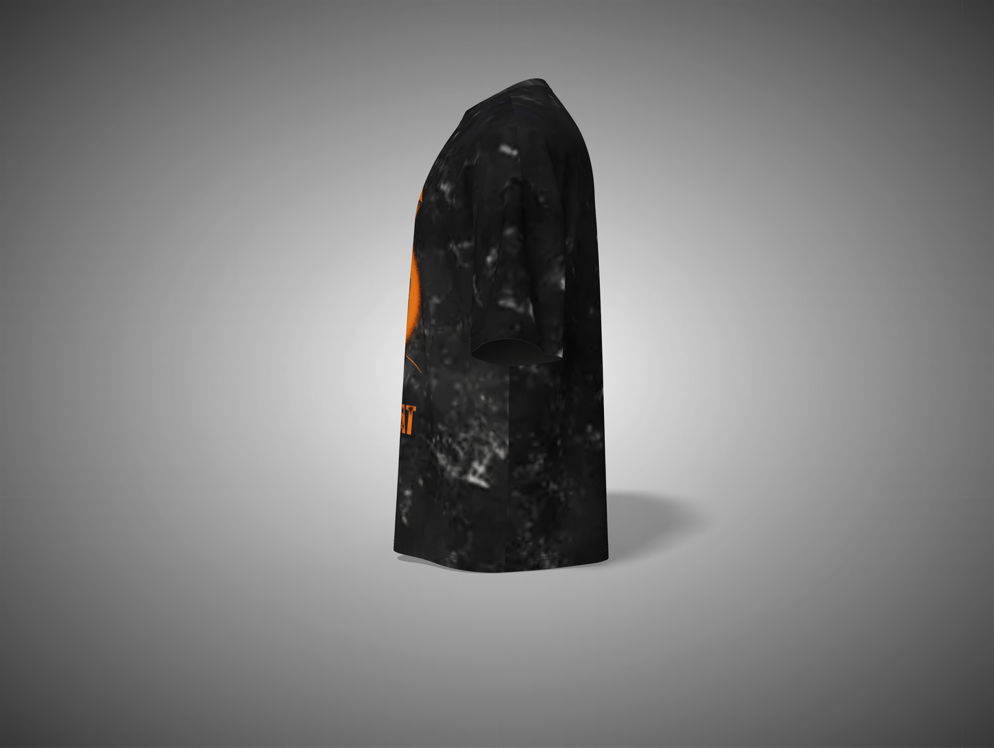 Black textured t shirt with orange logo on a gray background