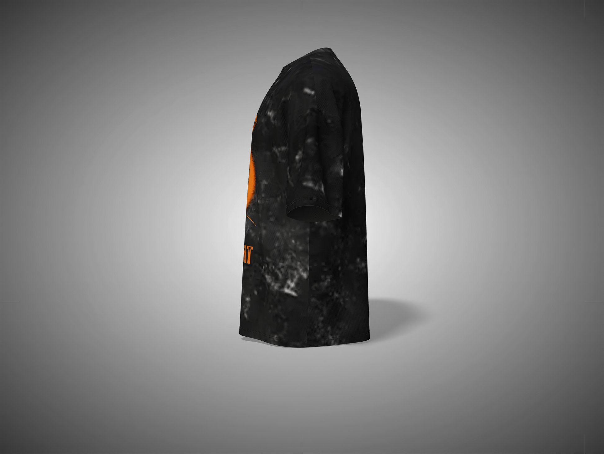 Black textured t shirt with orange logo on a gray background