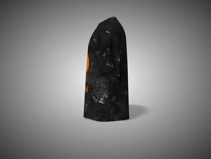 Black textured t shirt with orange logo on a gray background