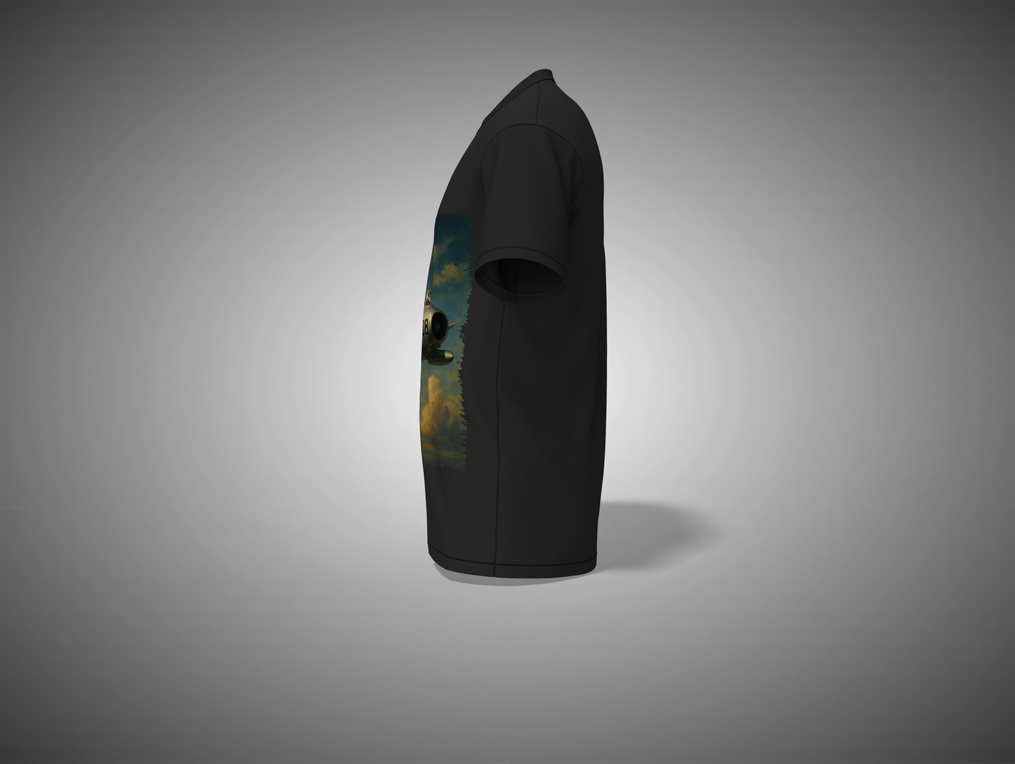 Black t-shirt with a colorful graphic on a gray background