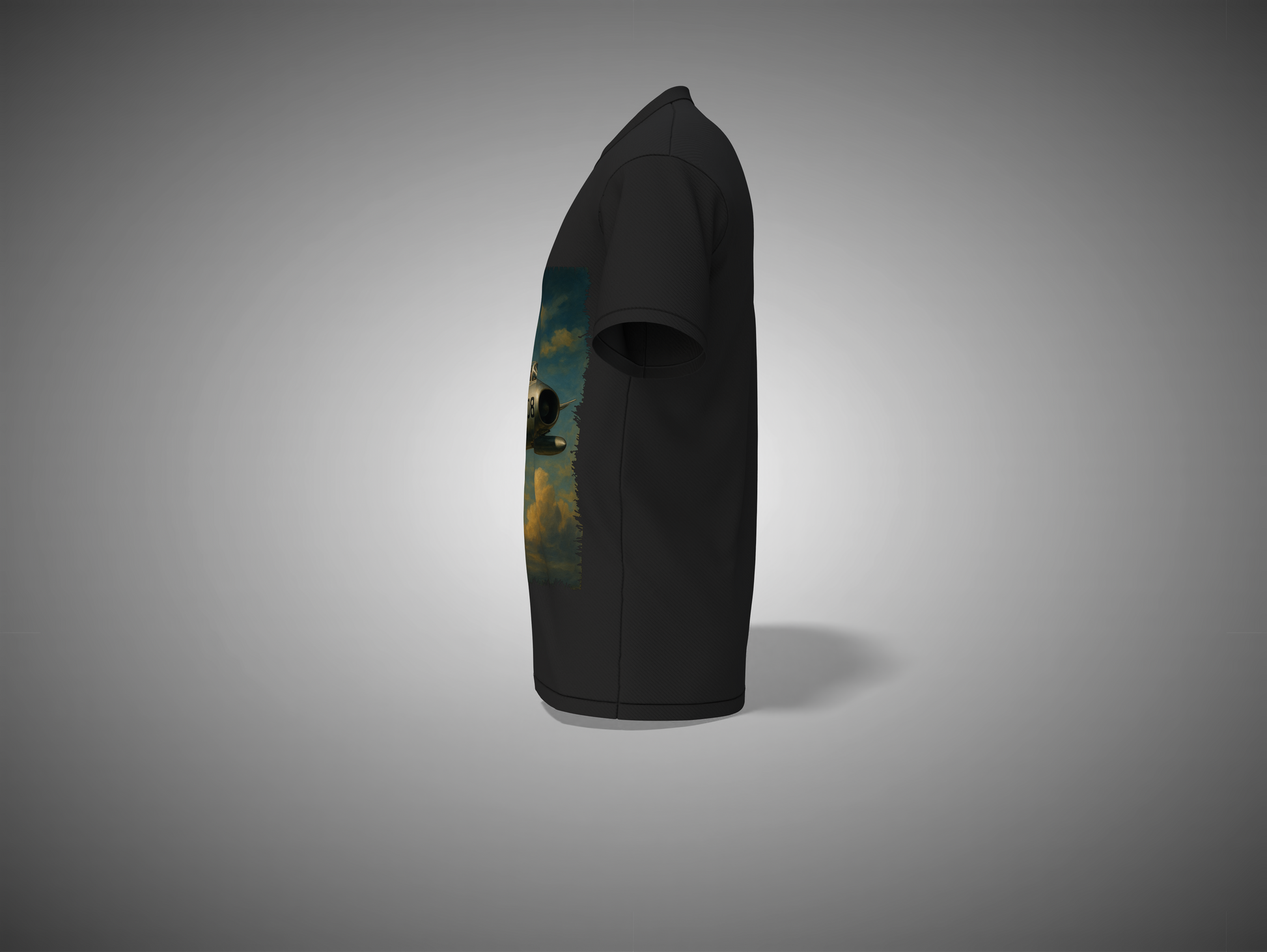 Black t-shirt with a colorful graphic on a gray background