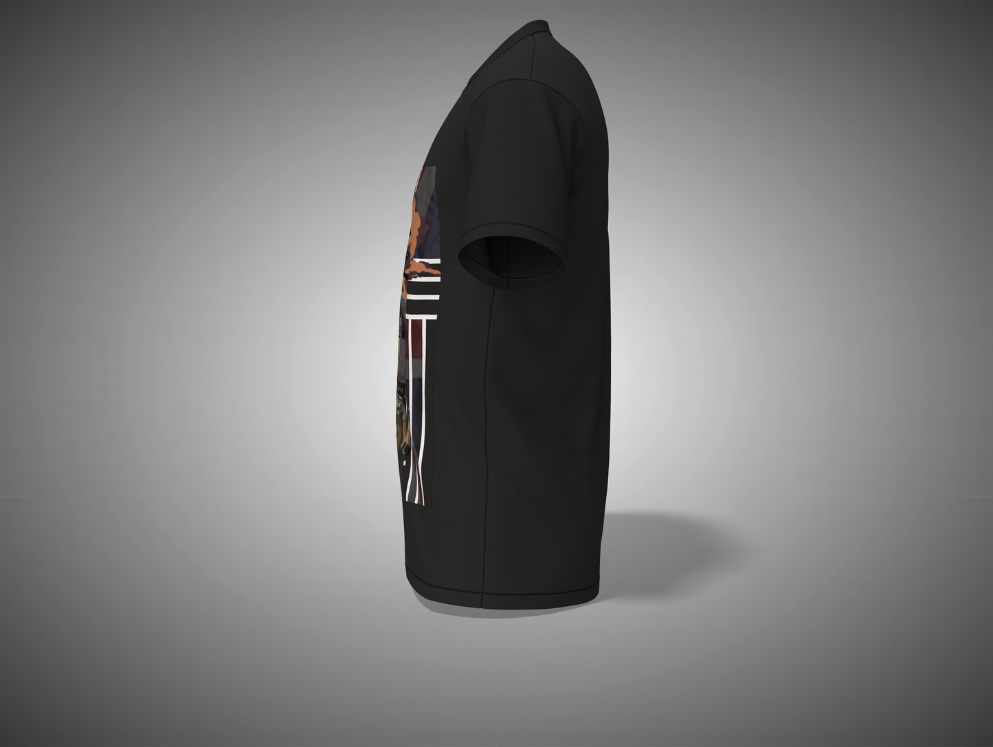 Black t-shirt with a colorful graphic on the sleeve against a gray background