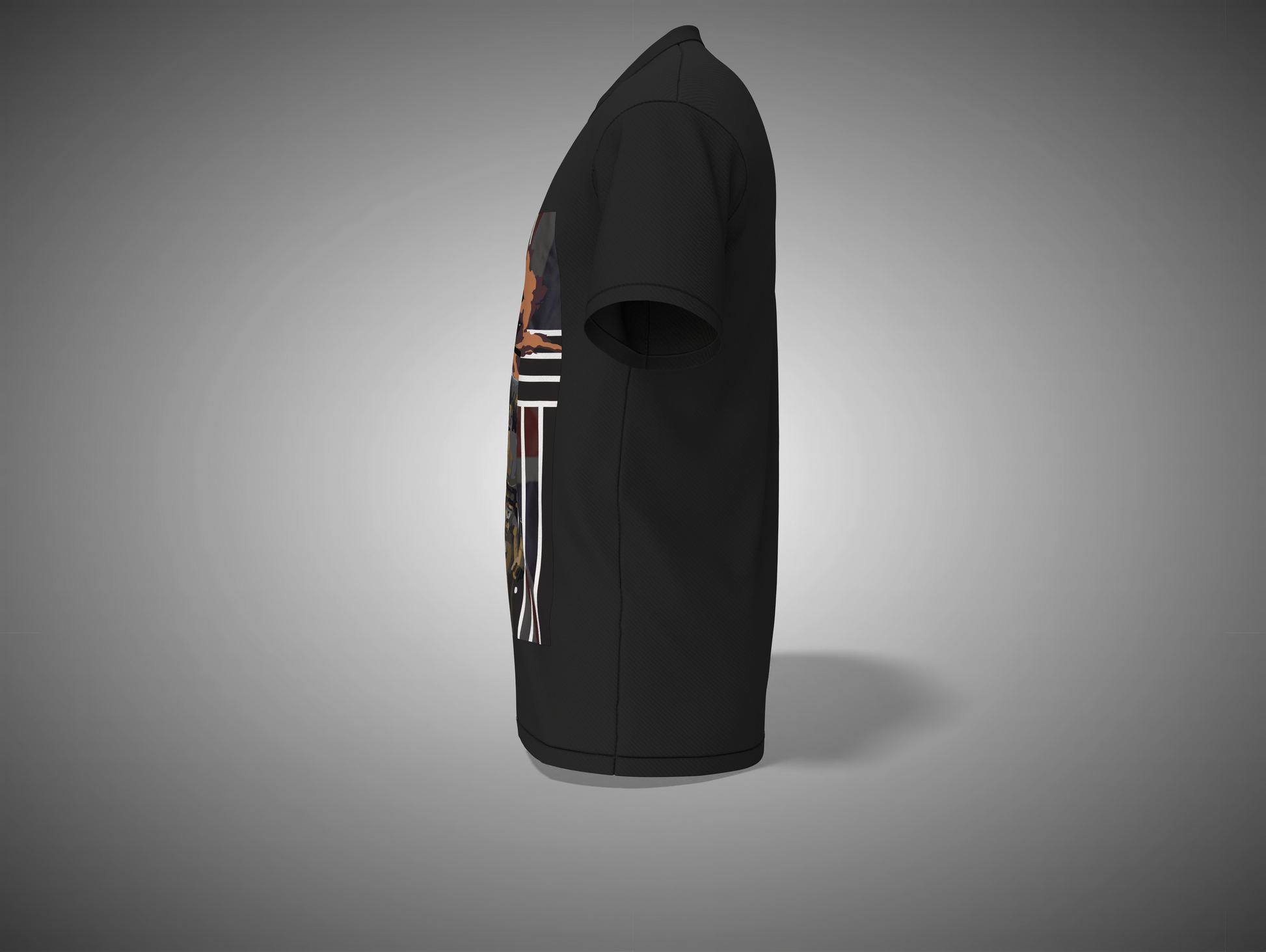 Black t-shirt with a colorful graphic on the sleeve against a gray background