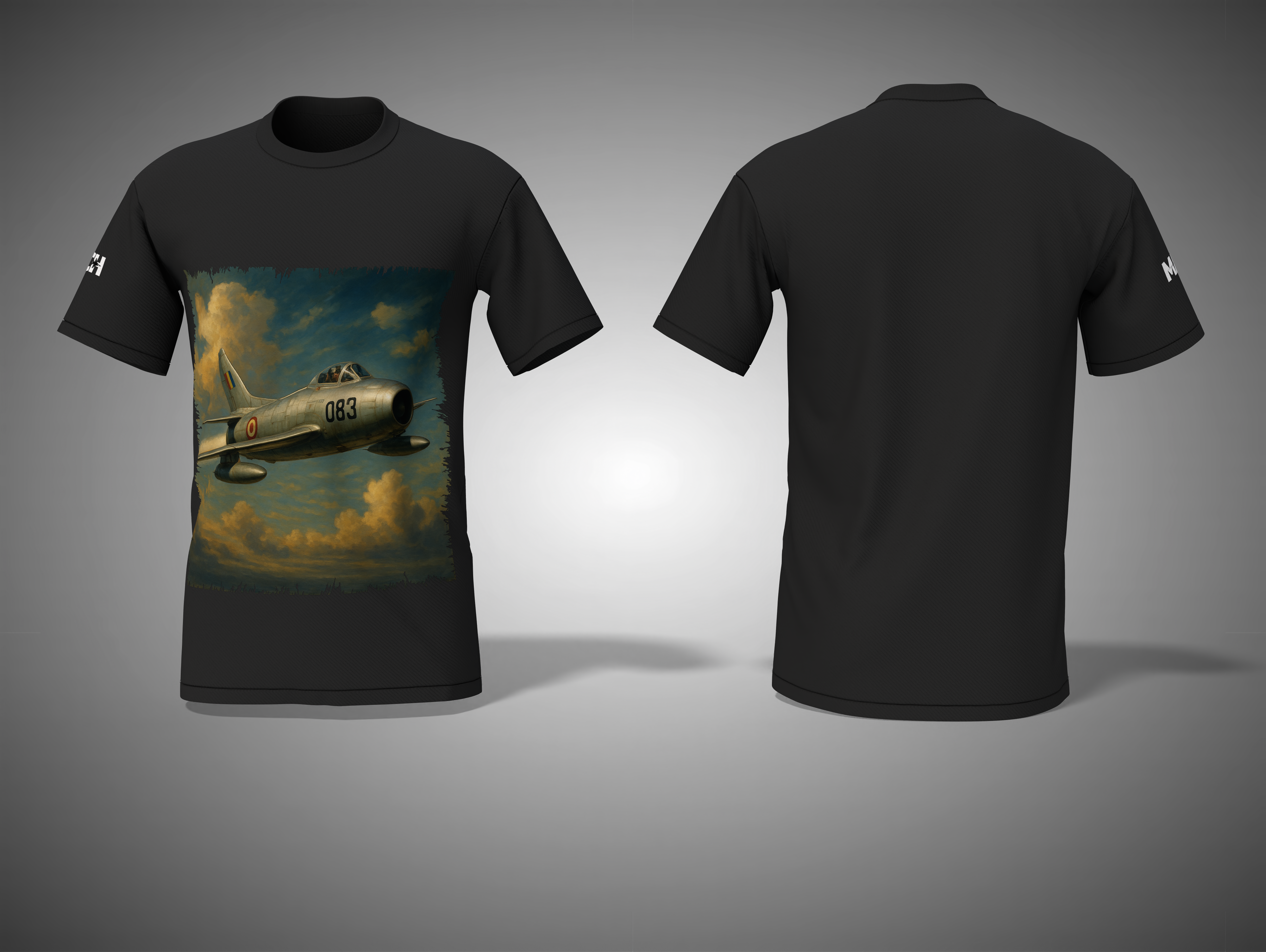 Black t-shirt with a graphic of an airplane on the front, displayed from front and back views.
