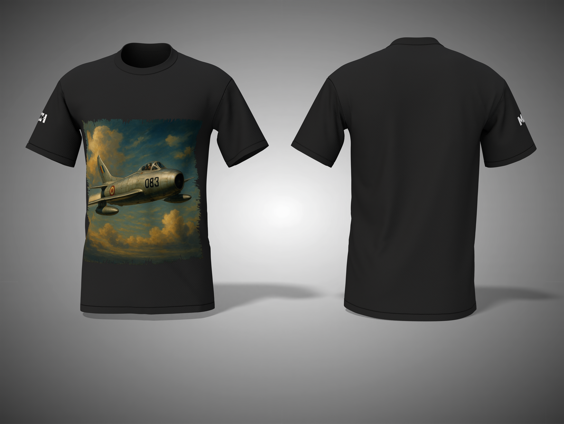 Black t-shirt with a graphic of an airplane on the front, displayed from front and back views.