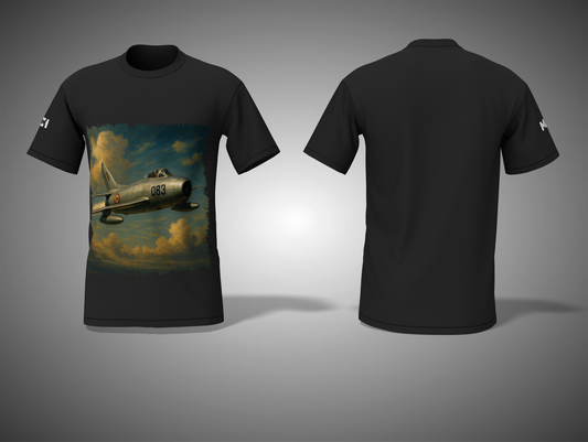 Black t-shirt with a graphic of an airplane on the front, displayed from front and back views.