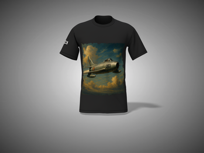 Black t-shirt with a graphic of an airplane in flight on a gray background
