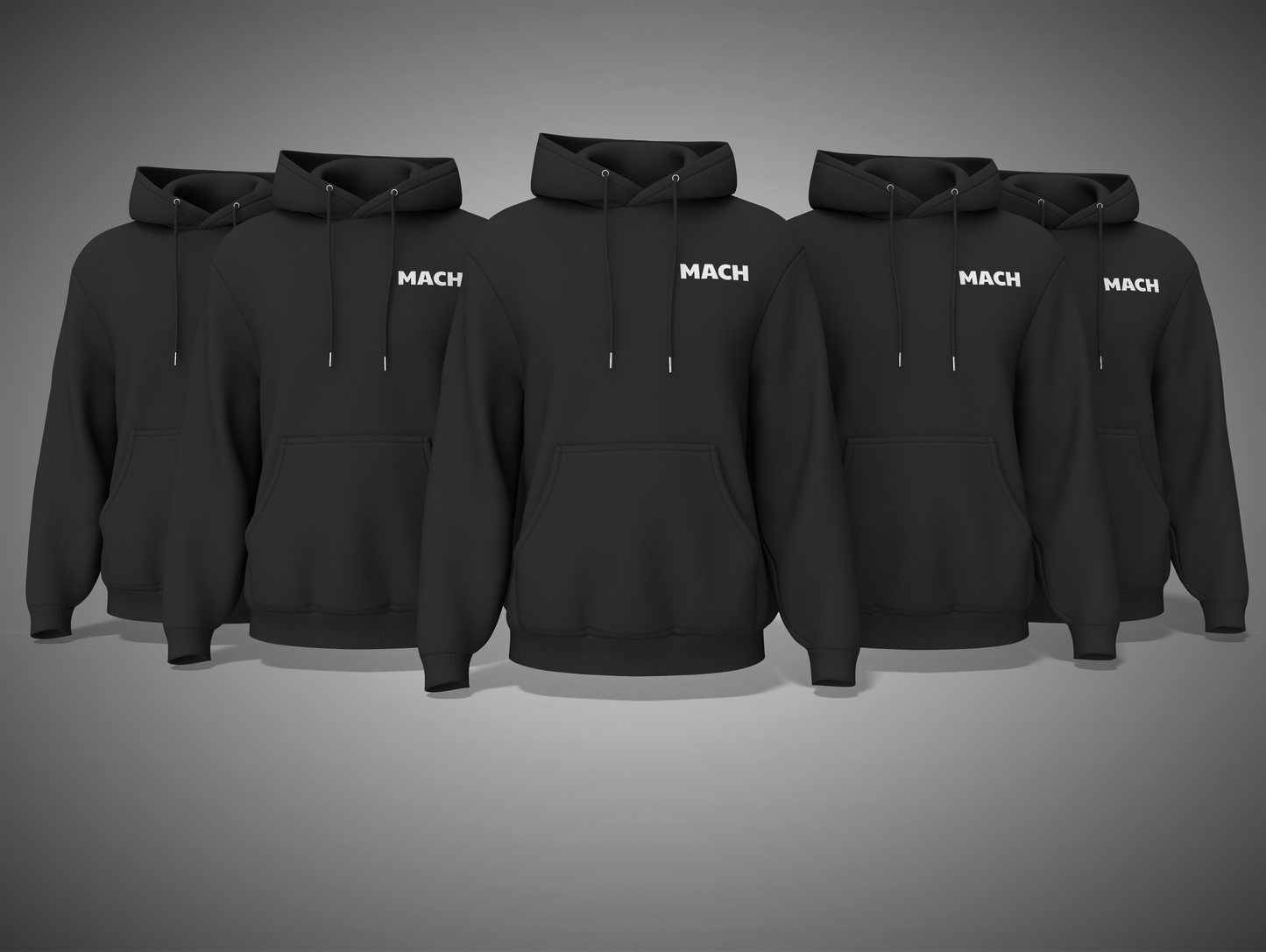 black hoodies with 'MACH' branding on a gray background