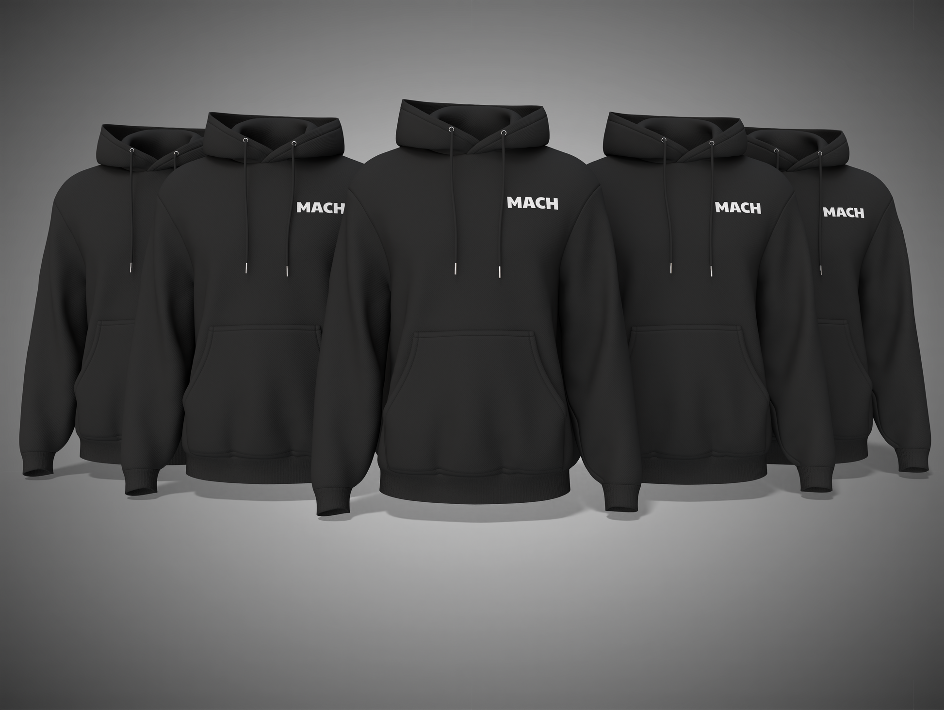 black hoodies with 'MACH' branding on a gray background