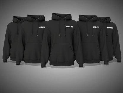 black hoodies with 'MACH' branding on a gray background