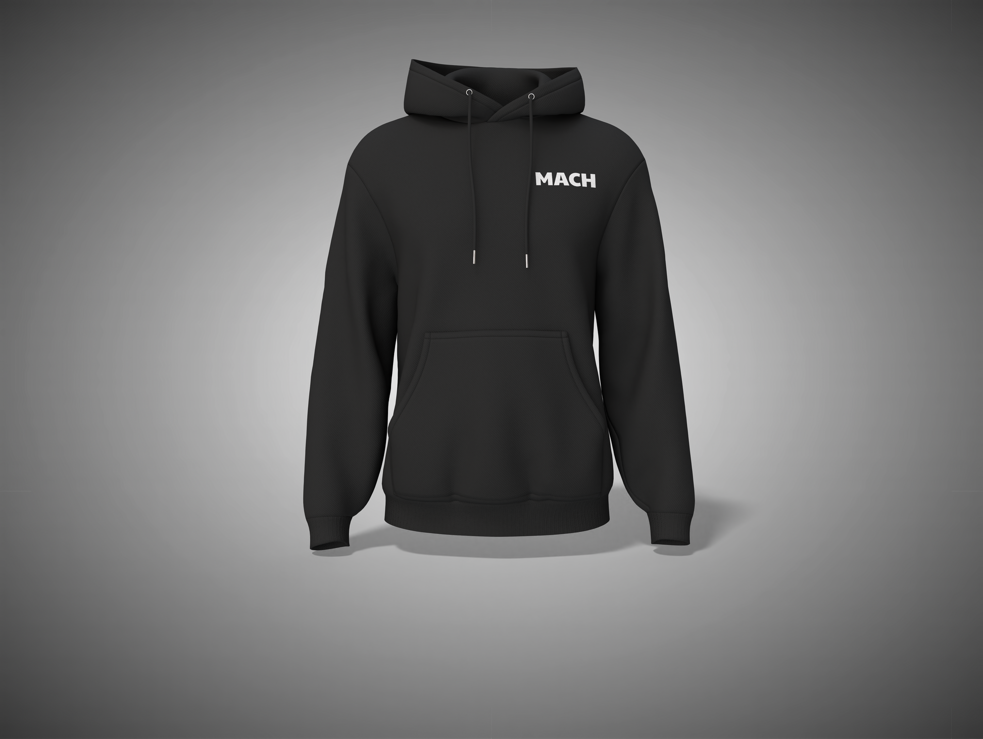 Black hoodie with 'MACH' logo on a gray background