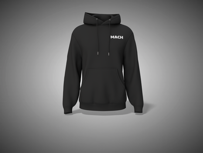 Black hoodie with 'MACH' logo on a gray background