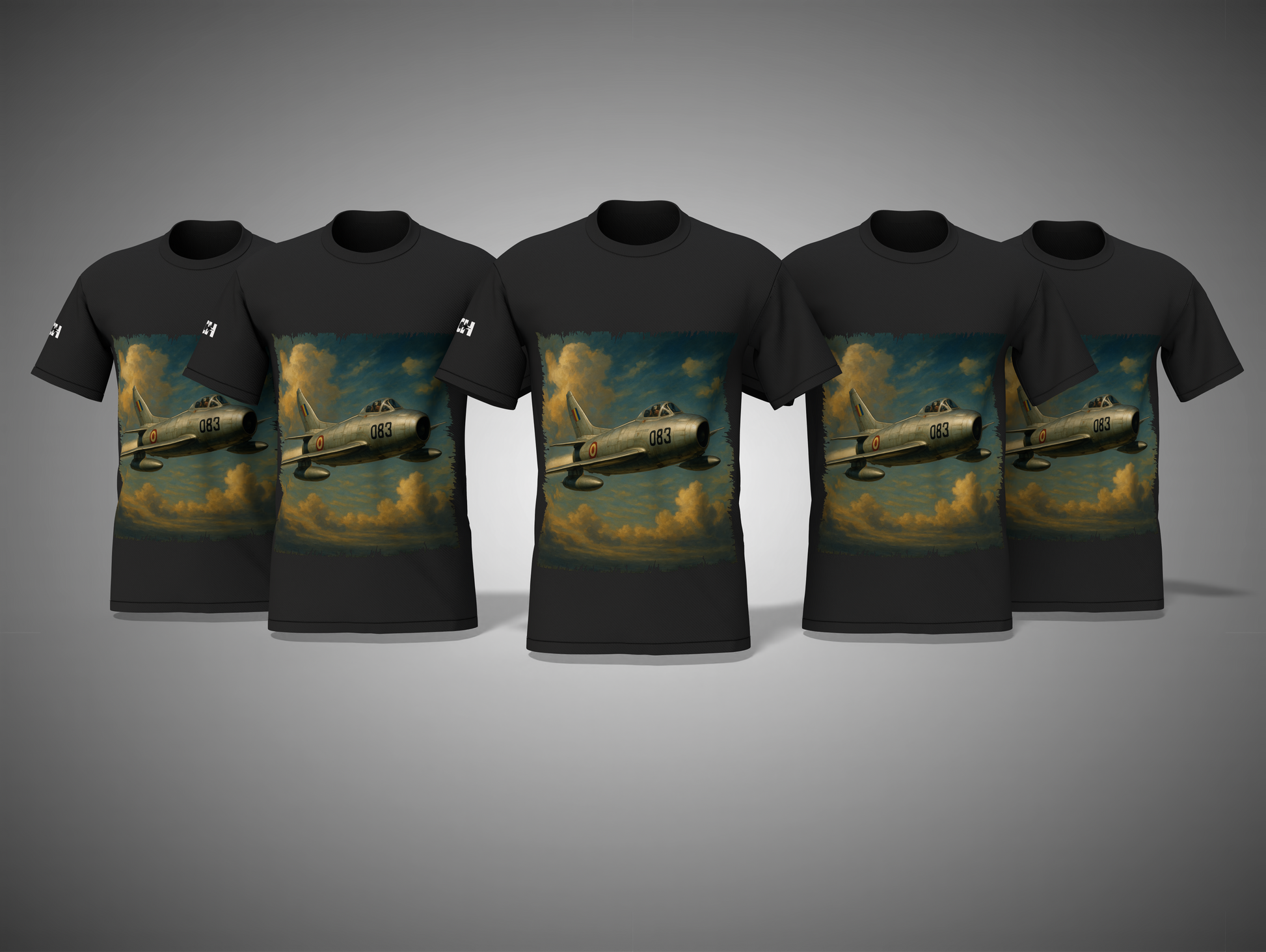 black t-shirts with a graphic of an airplane in flight on a gray background