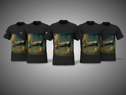 black t-shirts with a graphic of an airplane in flight on a gray background