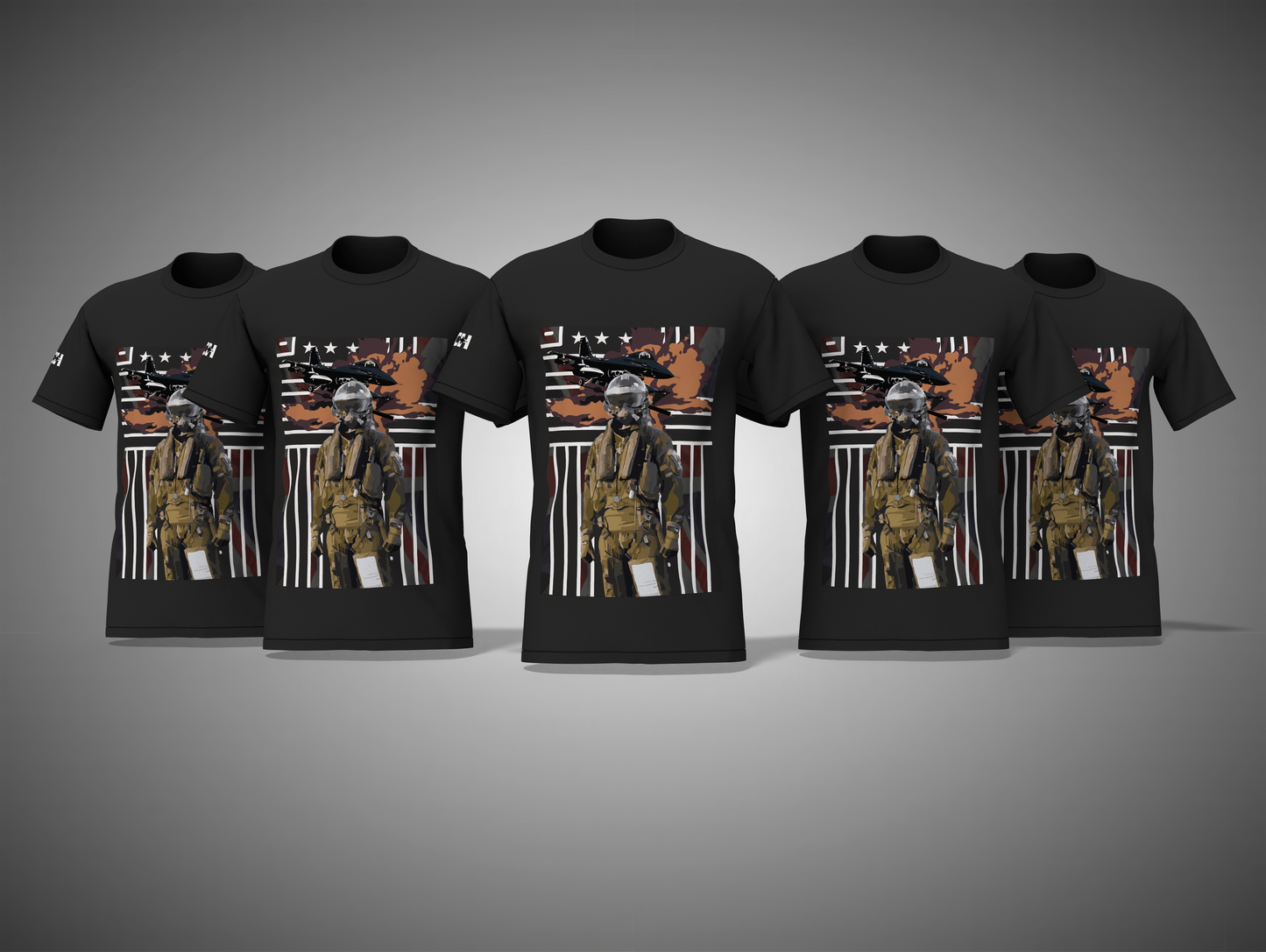 Black t-shirts with a graphic design on a gray background