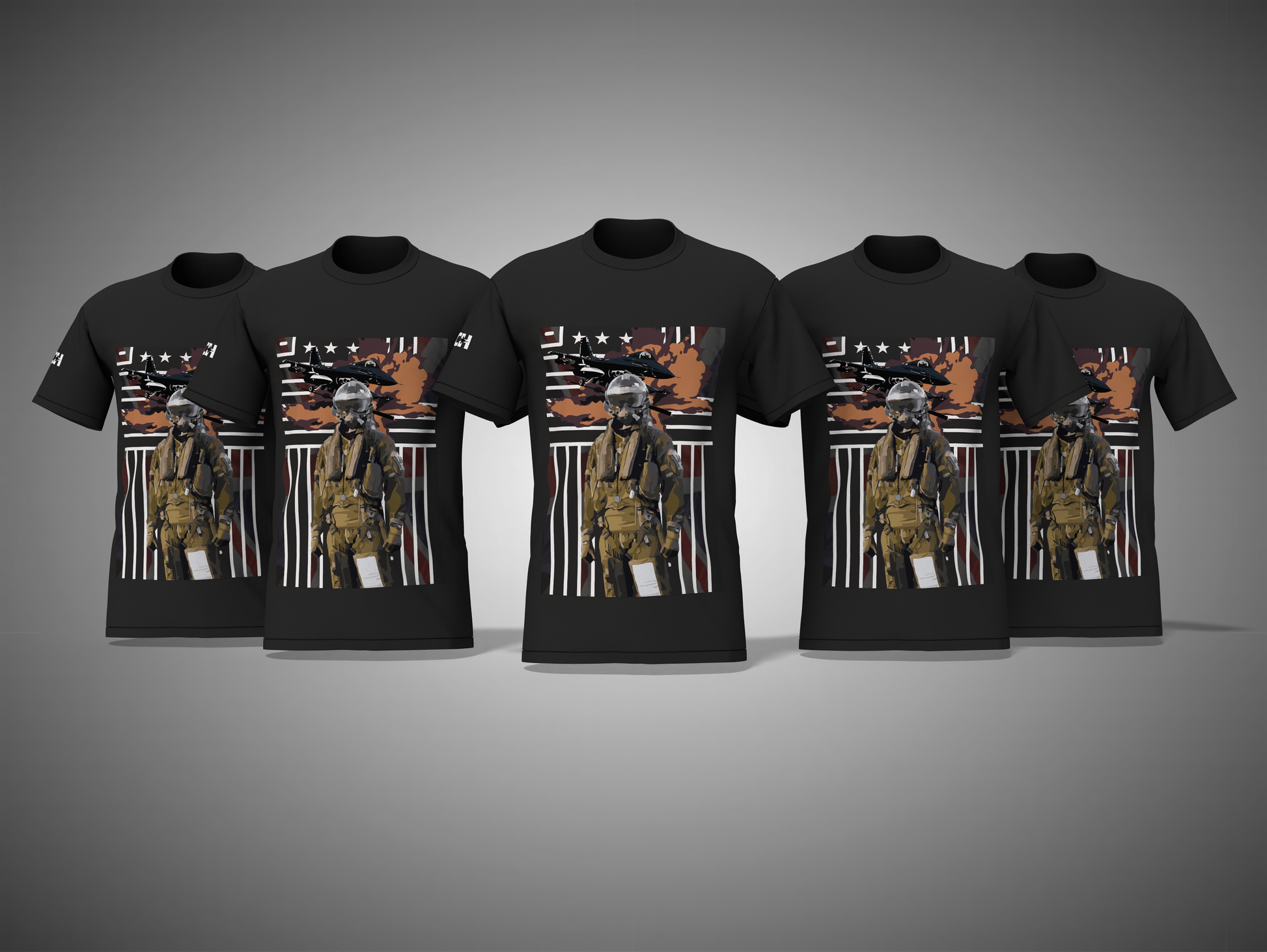 Black t-shirts with a graphic design on a gray background