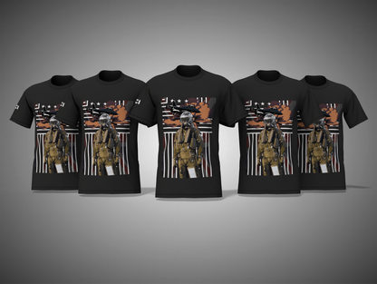 Black t-shirts with a graphic design on a gray background