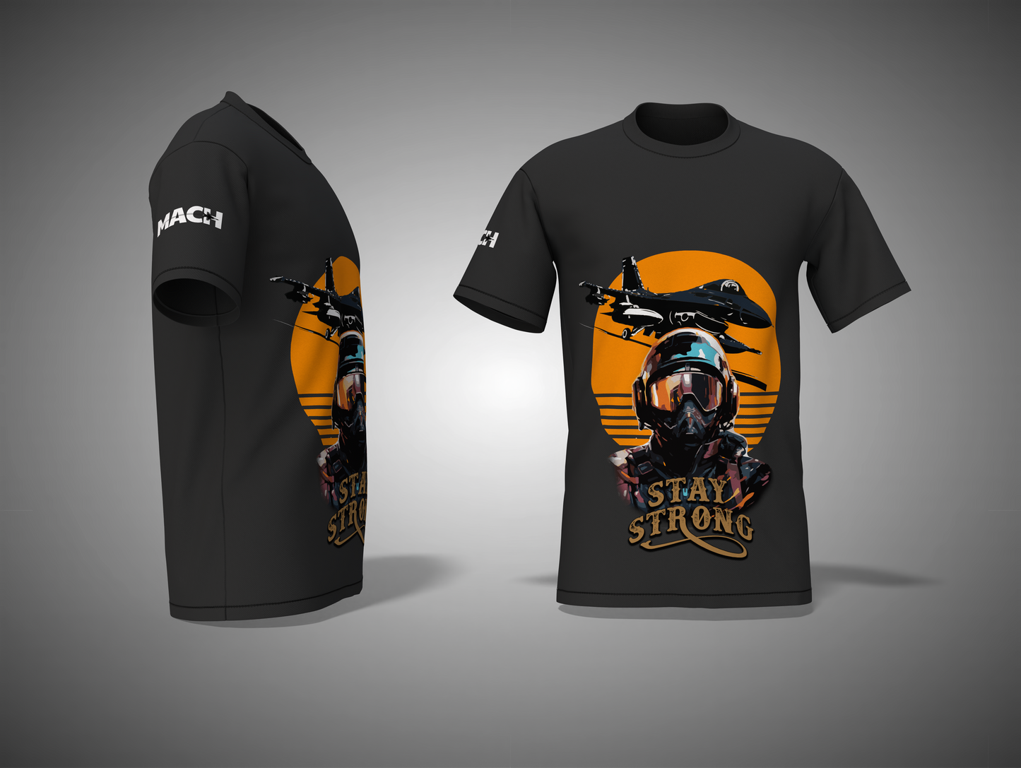 Black t-shirt with a graphic design of a person in a helmet and motorcycle, with 'Stay Strong' text, on a gray background.