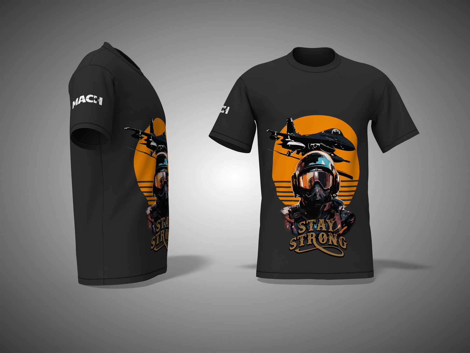 Black t-shirt with a graphic design of a person in a helmet and motorcycle, with 'Stay Strong' text, on a gray background.