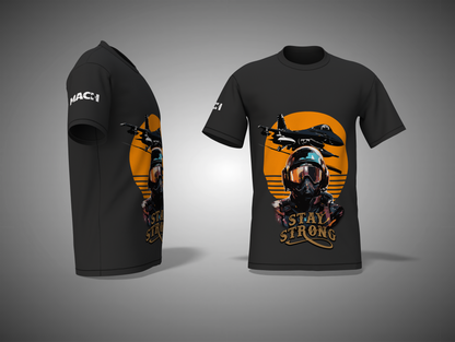 Black t-shirt with a graphic design of a person in a helmet and motorcycle, with 'Stay Strong' text, on a gray background.