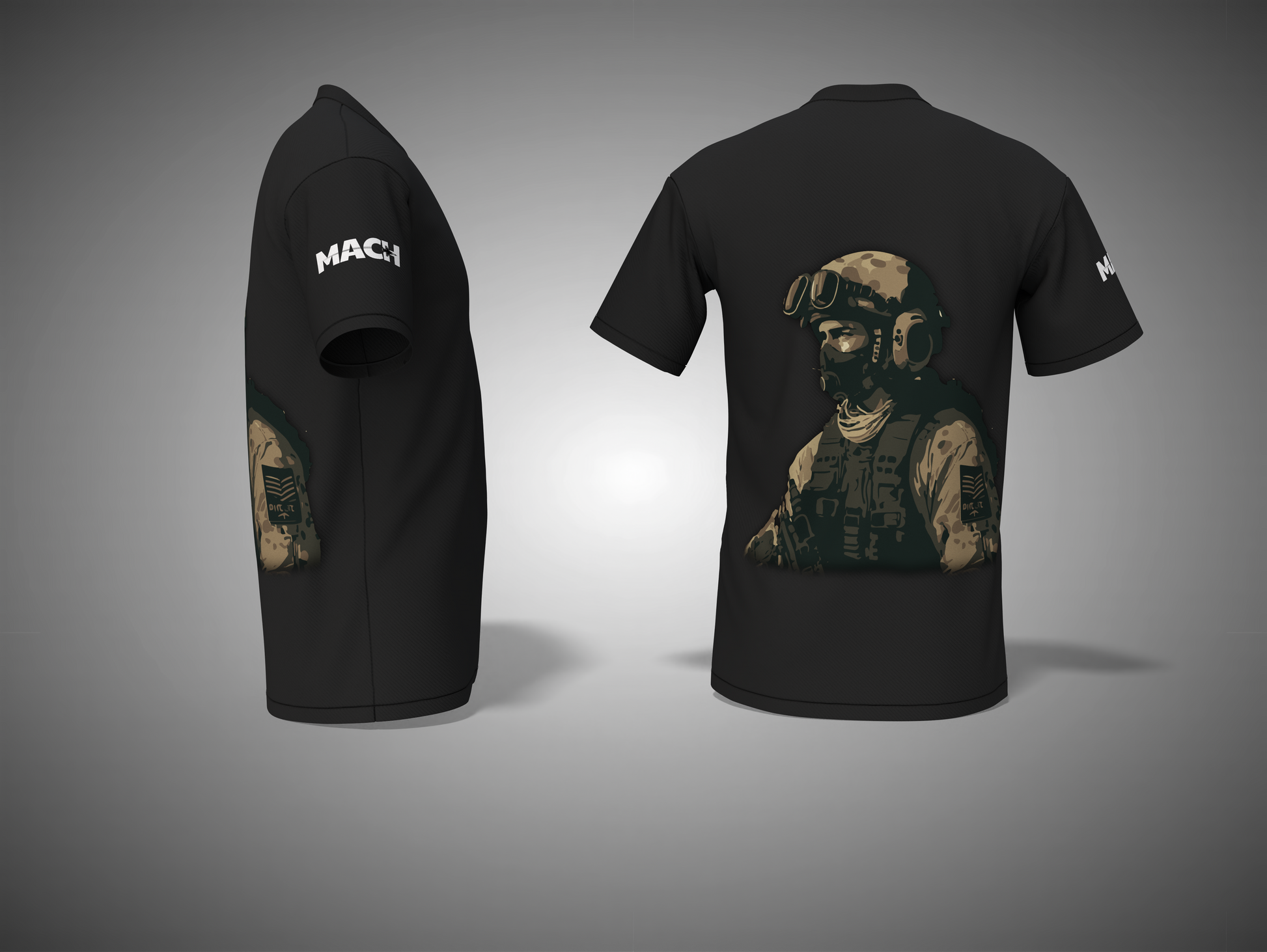 Black t-shirt with military-themed design on a gray background
