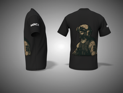 Black t-shirt with military-themed design on a gray background