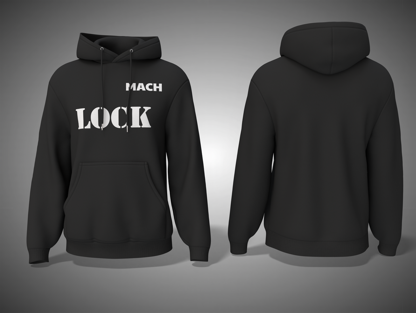 Black hoodie with 'MACH LOCK' text on a gray background