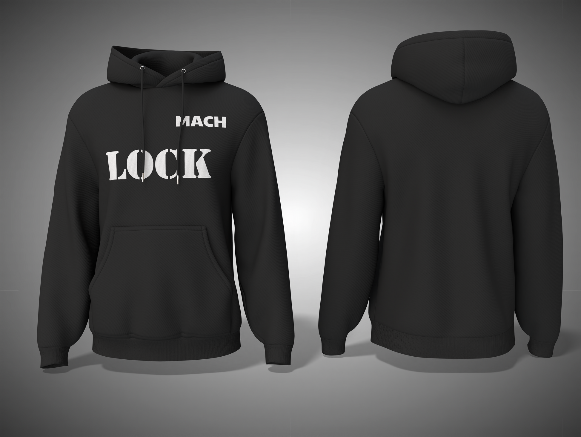Black hoodie with 'MACH LOCK' text on a gray background