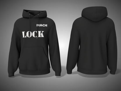Black hoodie with 'MACH LOCK' text on a gray background