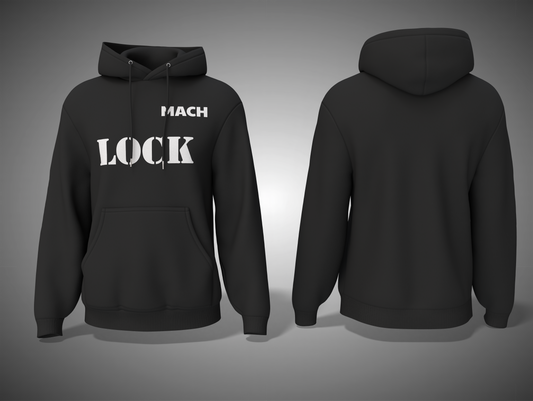 Black hoodie with 'MACH LOCK' text on a gray background