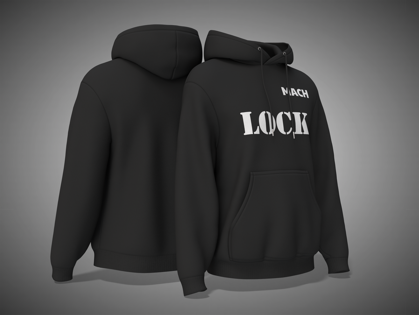 Black hoodie with 'MACH LOCK' text on a gray background